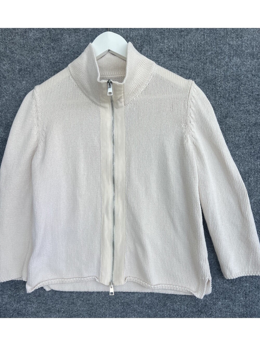 Amina Rubinacci Magija Cream Cotton Knit Zip Cardigan Sweater M Made Italy